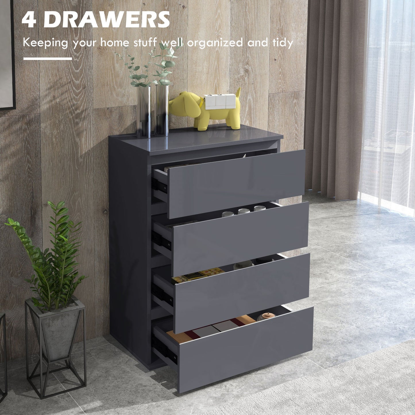 Komoda HOMCOM High Gloss, 4-szufladowe szafki do przechowywania, nowoczesna komoda do sypialni, szara