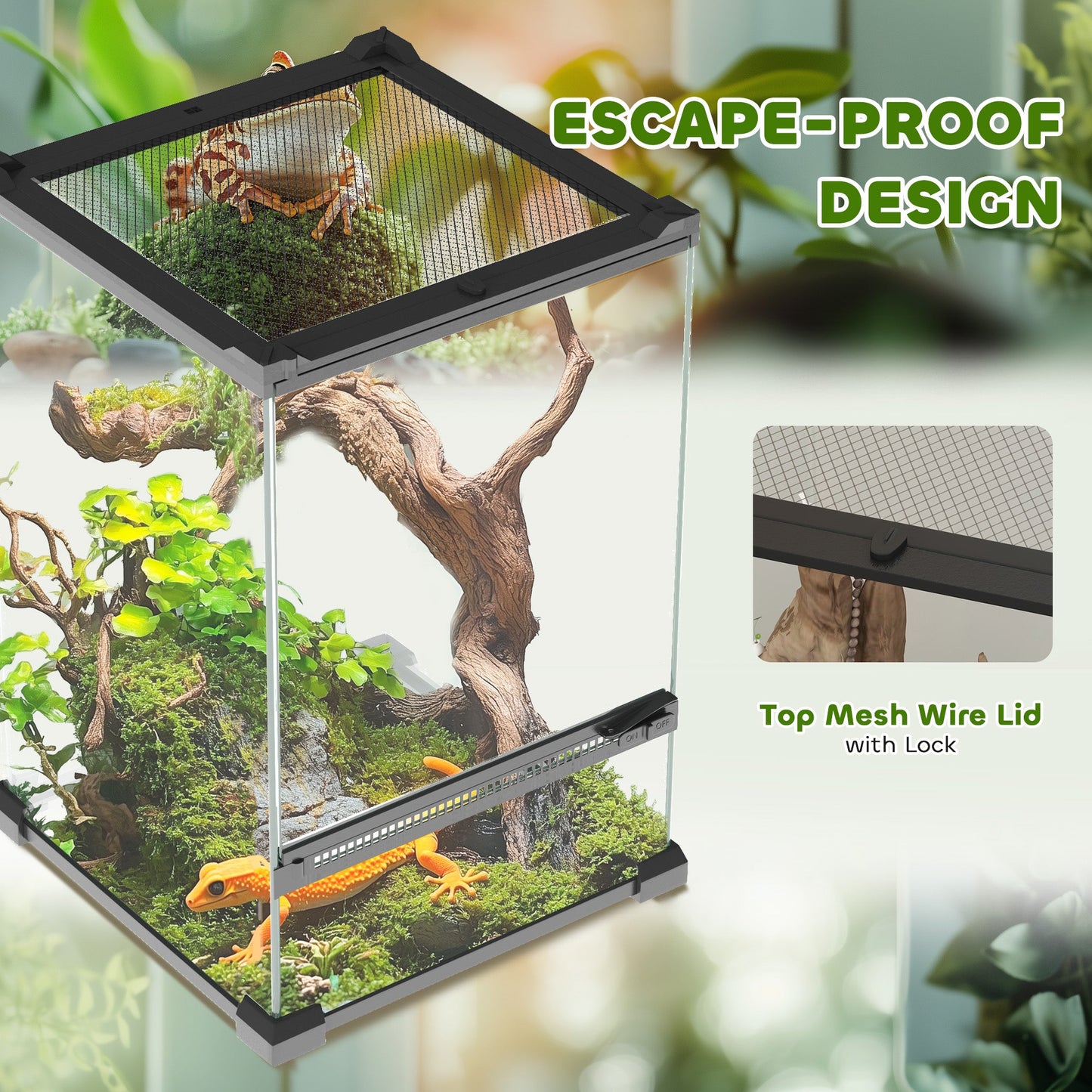 PawHut 12L Vivarium for Lizards, Frogs, Snakes, Turtles, Tortoises w/ Anti-Escape Design, Ventilation