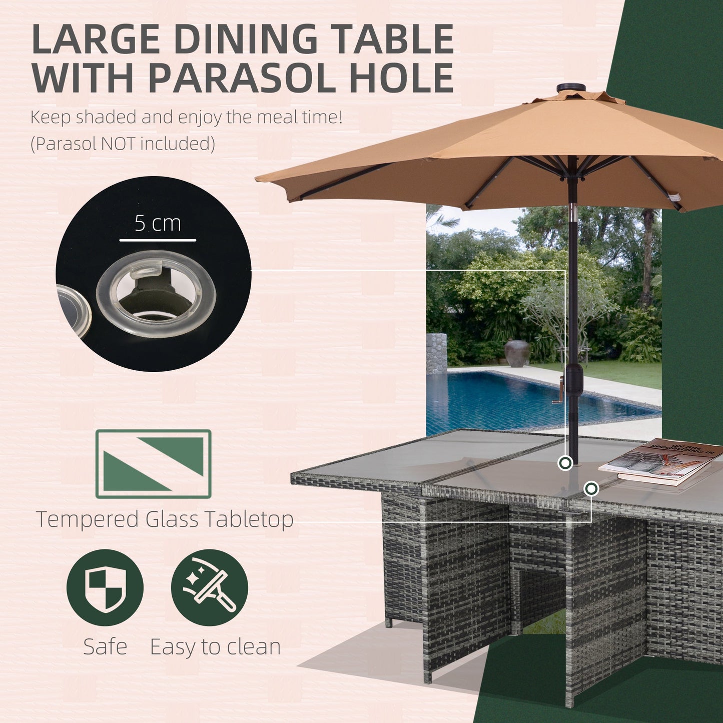 Outsunny 10 Seater Rattan Cube Garden Furniture Set with Parasol Hole, Rattan Dining Set with Cushions, Outdoor Dining Table and Chairs with Rectangular Glass Top Table for Patio, Mixed Grey