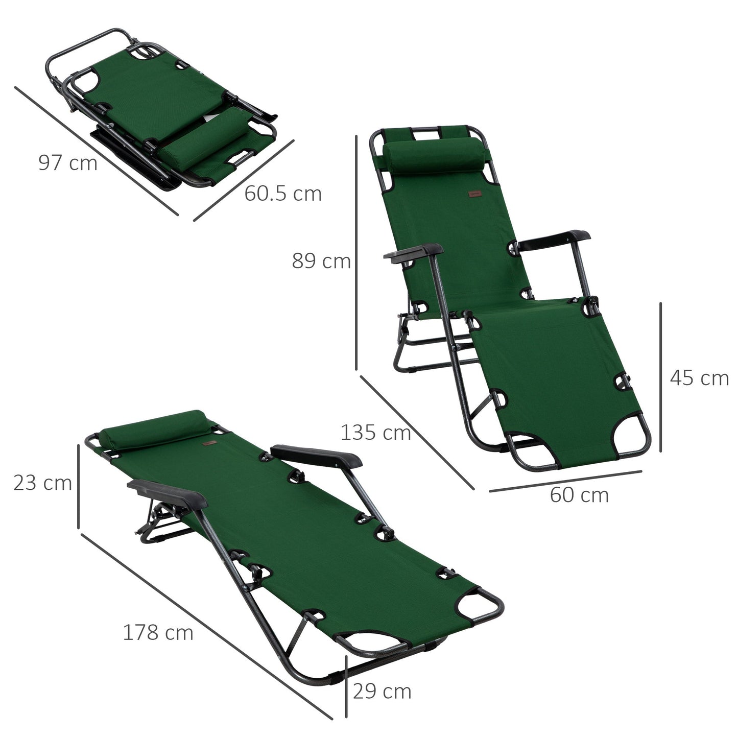 Outsunny 2 in 1 Sun Lounger Folding Reclining Chair Garden Outdoor Camping Adjustable Back with Pillow, Green