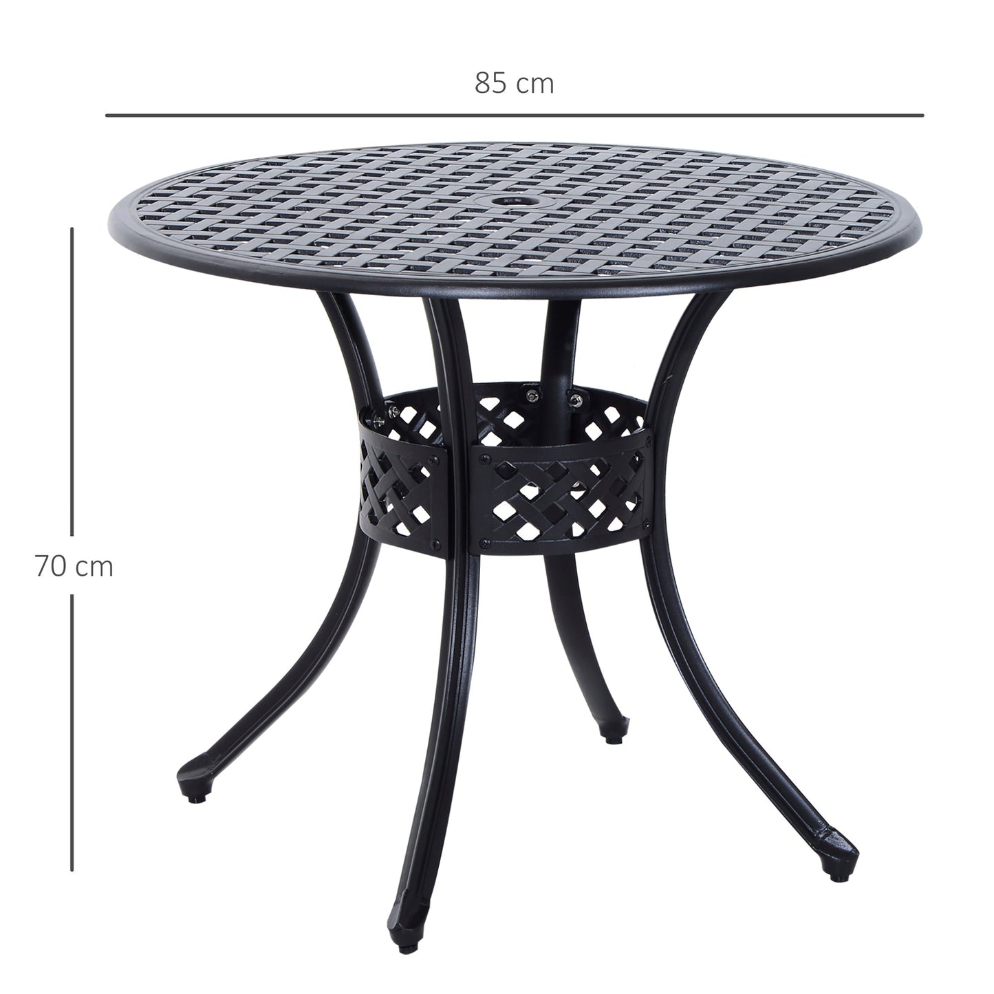 85cm Round Garden Table with Umbrella Hole, Aluminium Grid Motif Outdoor Dining Table for Garden Patio, Black