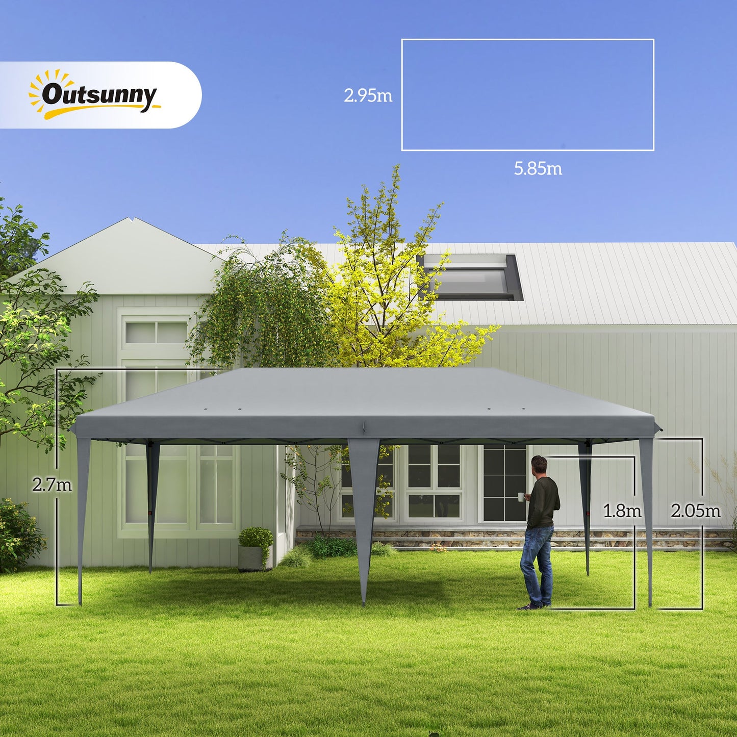 Outsunny Pop Up Gazebo 3 x 6m, składany namiot z baldachimem, regulowana wysokość markizy ślubnej z torbą transportową, szary