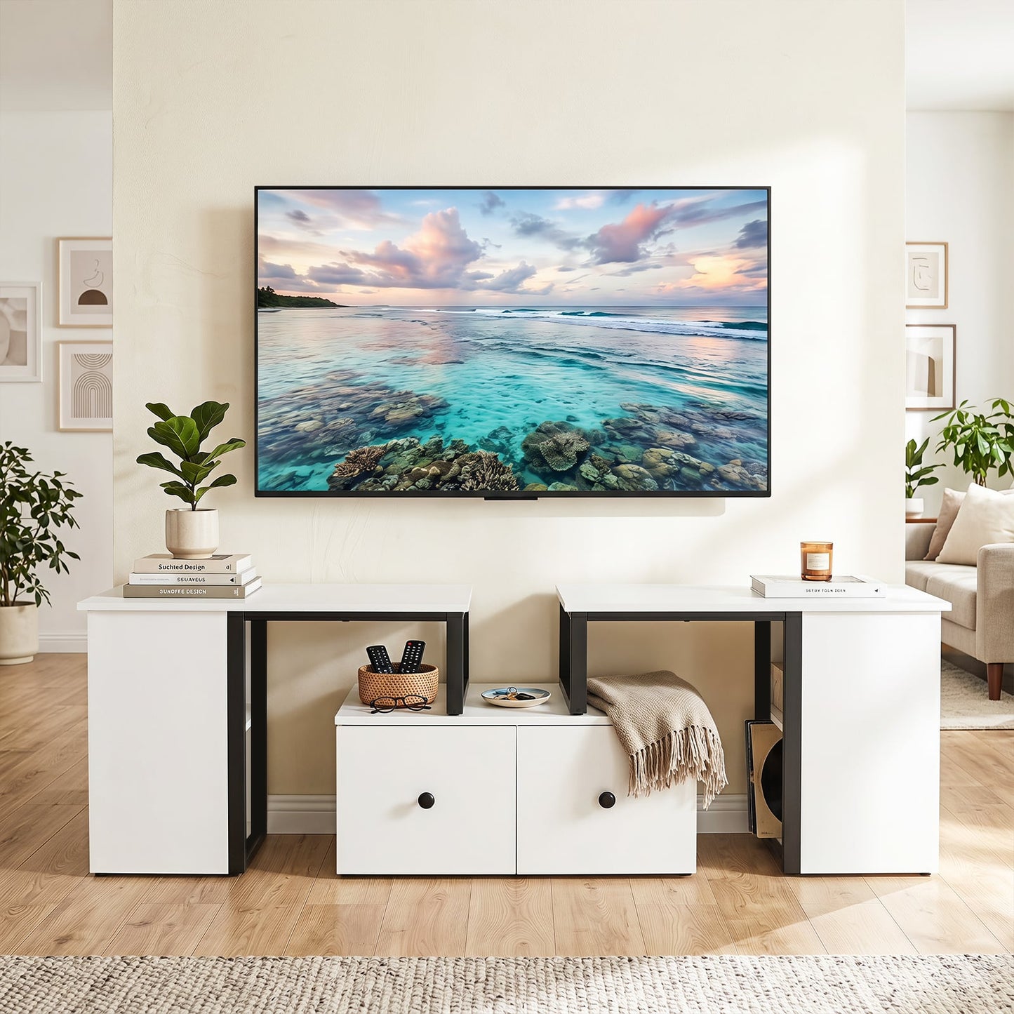 Wood TV Cabinet Lowboard TV Stand with 2 Large Drawers-White
