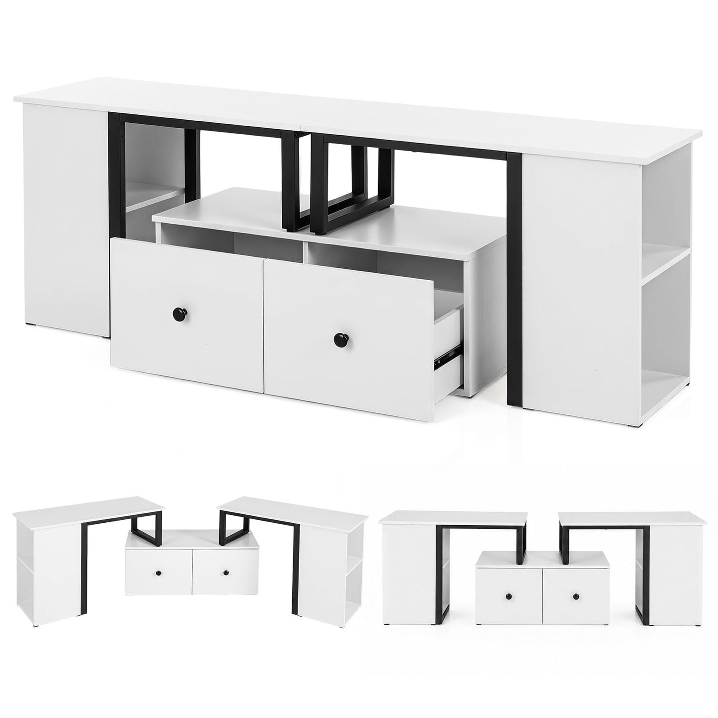 Wood TV Cabinet Lowboard TV Stand with 2 Large Drawers-White