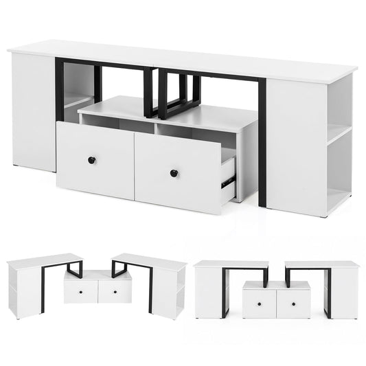 Wood TV Cabinet Lowboard TV Stand with 2 Large Drawers-White