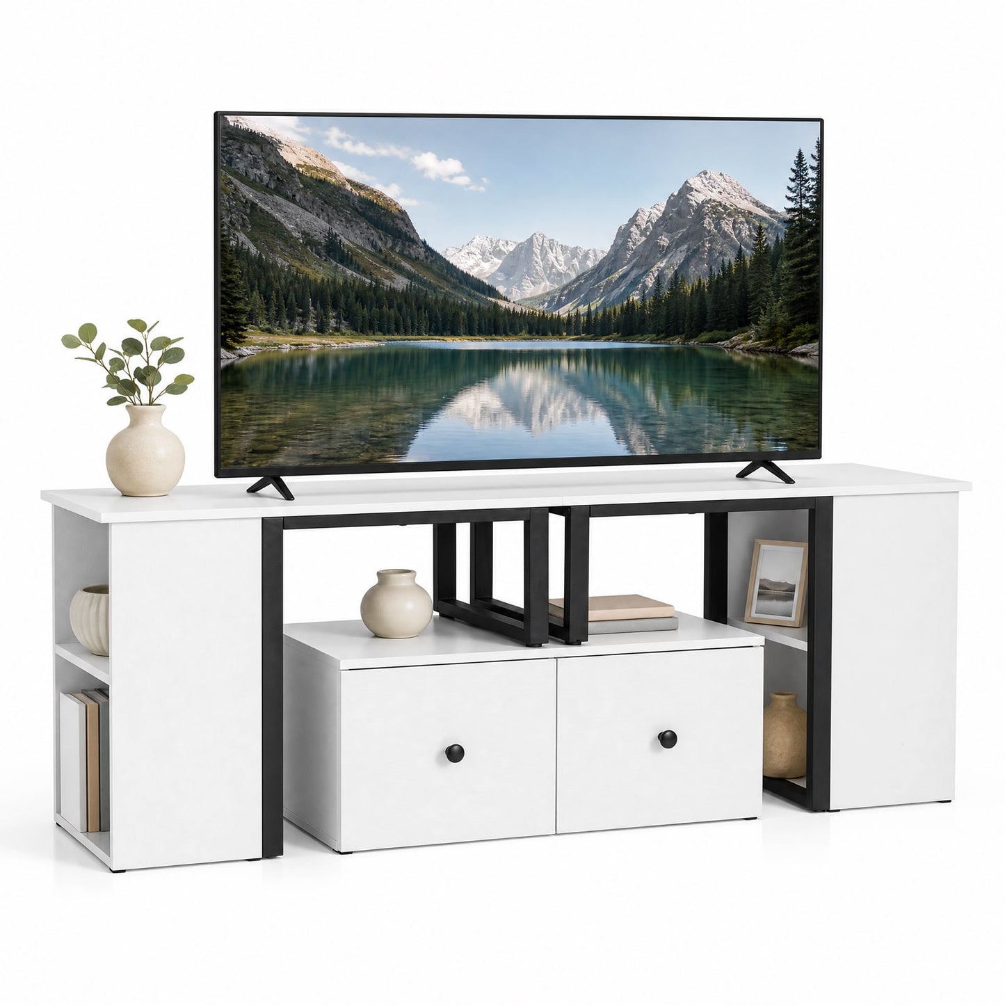 Wood TV Cabinet Lowboard TV Stand with 2 Large Drawers-White