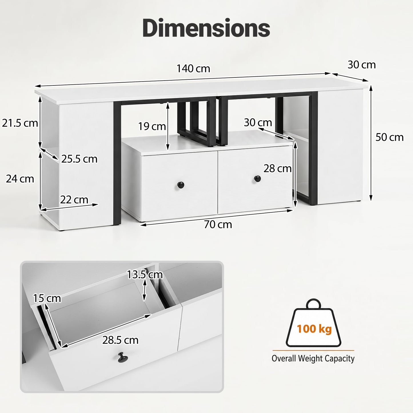 Wood TV Cabinet Lowboard TV Stand with 2 Large Drawers-White