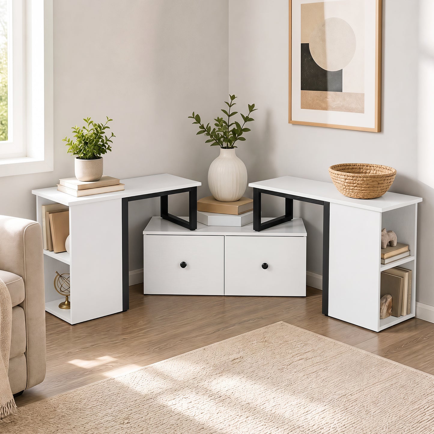 Wood TV Cabinet Lowboard TV Stand with 2 Large Drawers-White