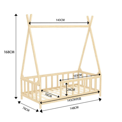 Wood House Bed Frame Low Platform Kids Bed with Safety Fence