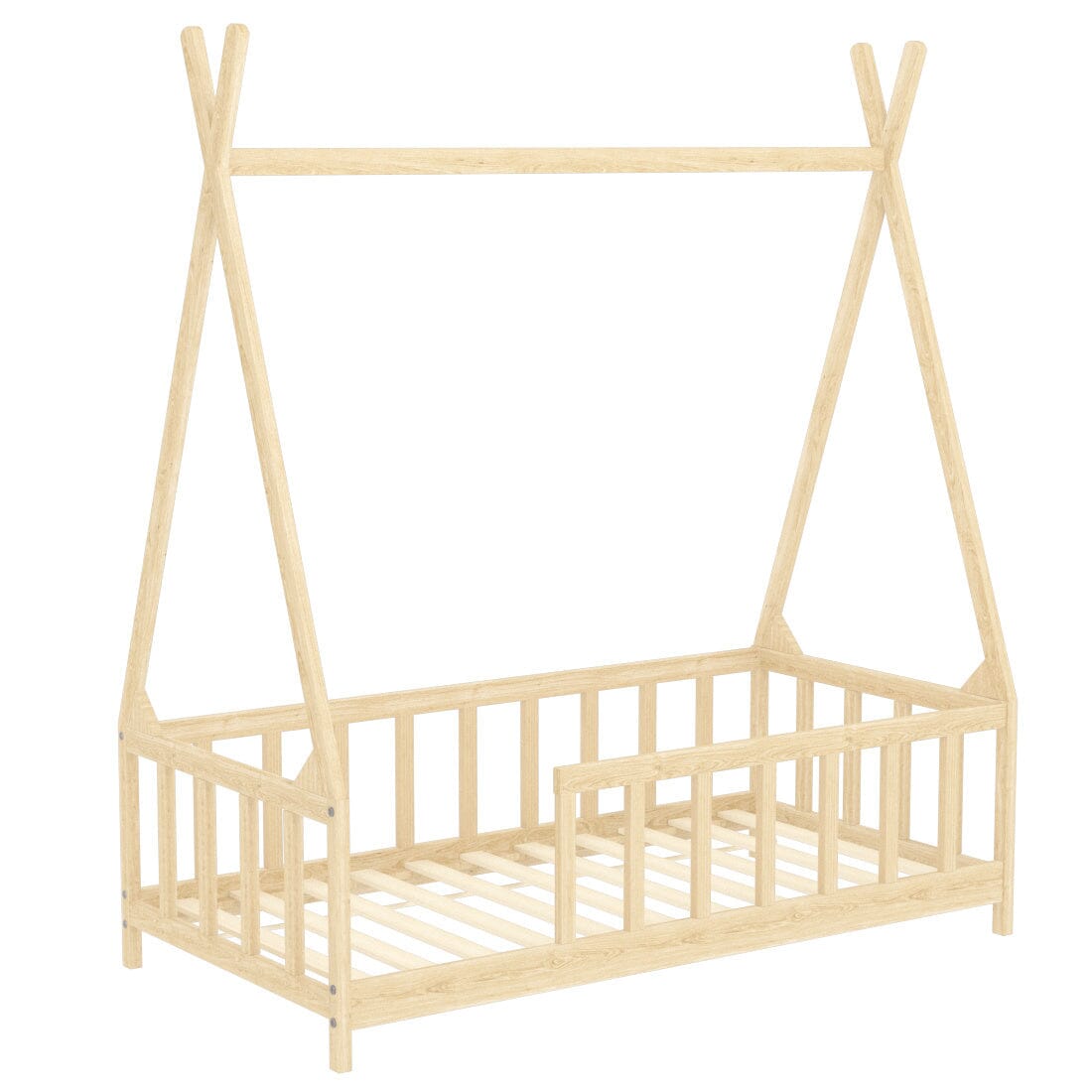 Wood House Bed Frame Low Platform Kids Bed with Safety Fence