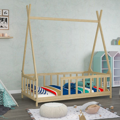 Wood House Bed Frame Low Platform Kids Bed with Safety Fence