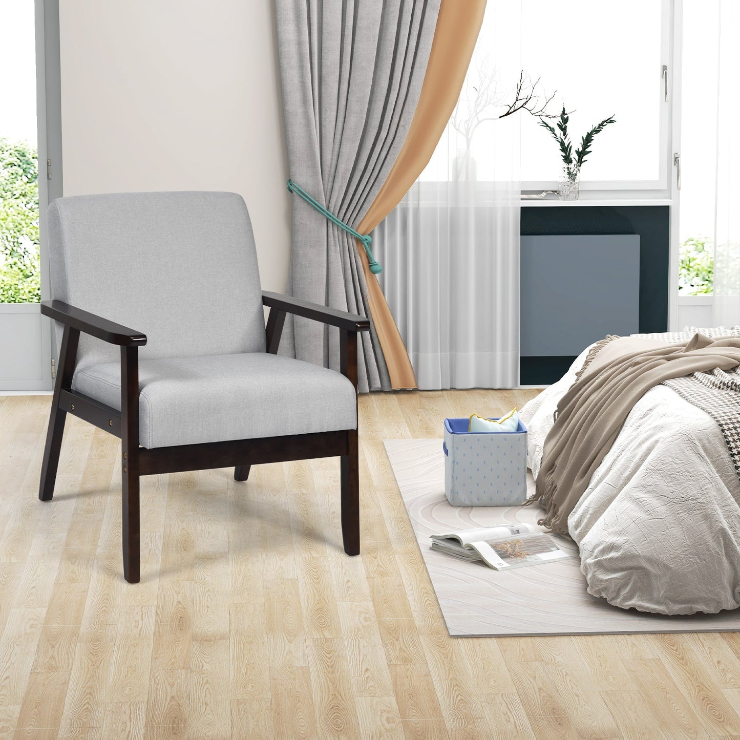 Modern Upholstered Linen Fabric Accent Sofa Chair with Wooden Armrest-Light Grey