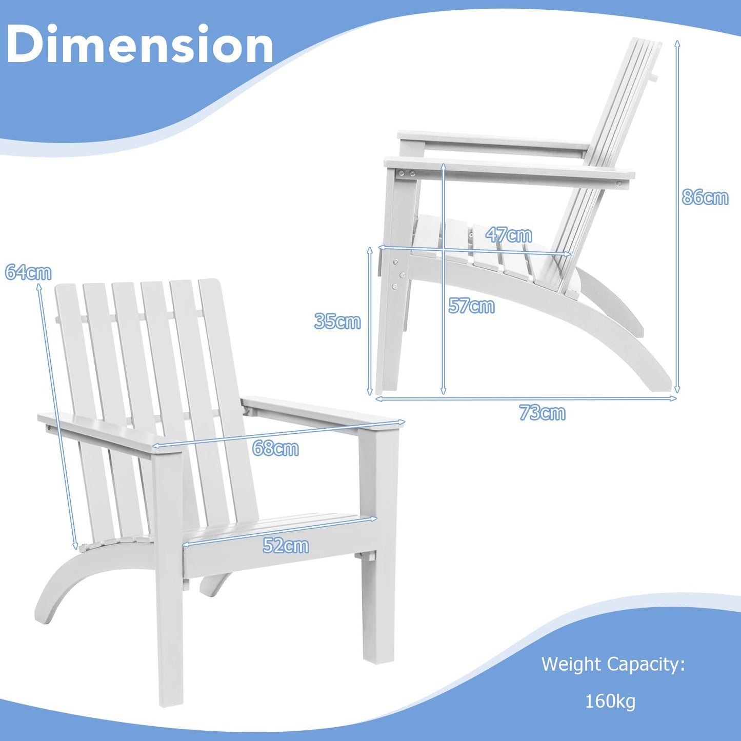 Wood Adirondack Chair with Solid Acacia Wood and 160KG Weight Capacity-White