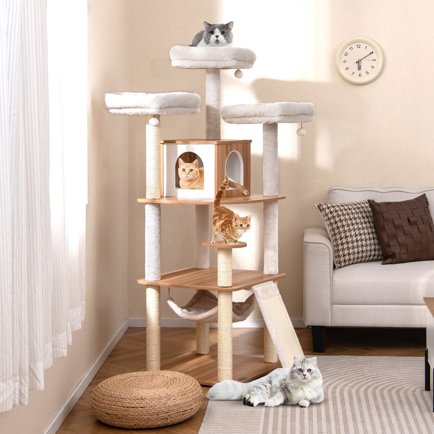 168cm Wooden Scratching Post with Cave &amp; Ladder &amp; Mats &amp; Balls &amp; Hammock Cat Scratching Post