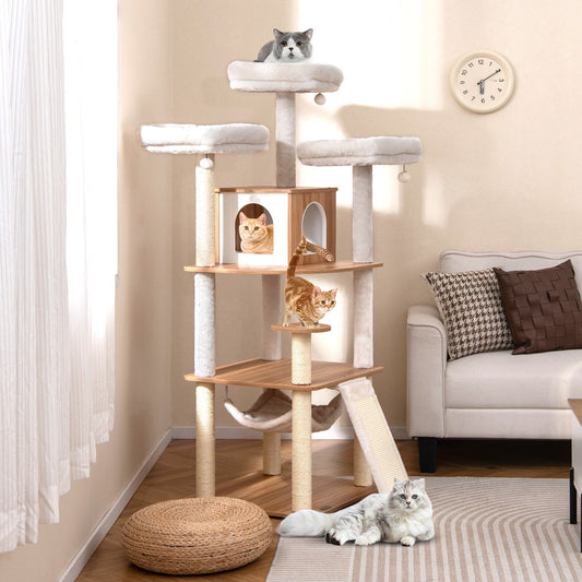 168cm Wooden Scratching Post with Cave &amp; Ladder &amp; Mats &amp; Balls &amp; Hammock Cat Scratching Post