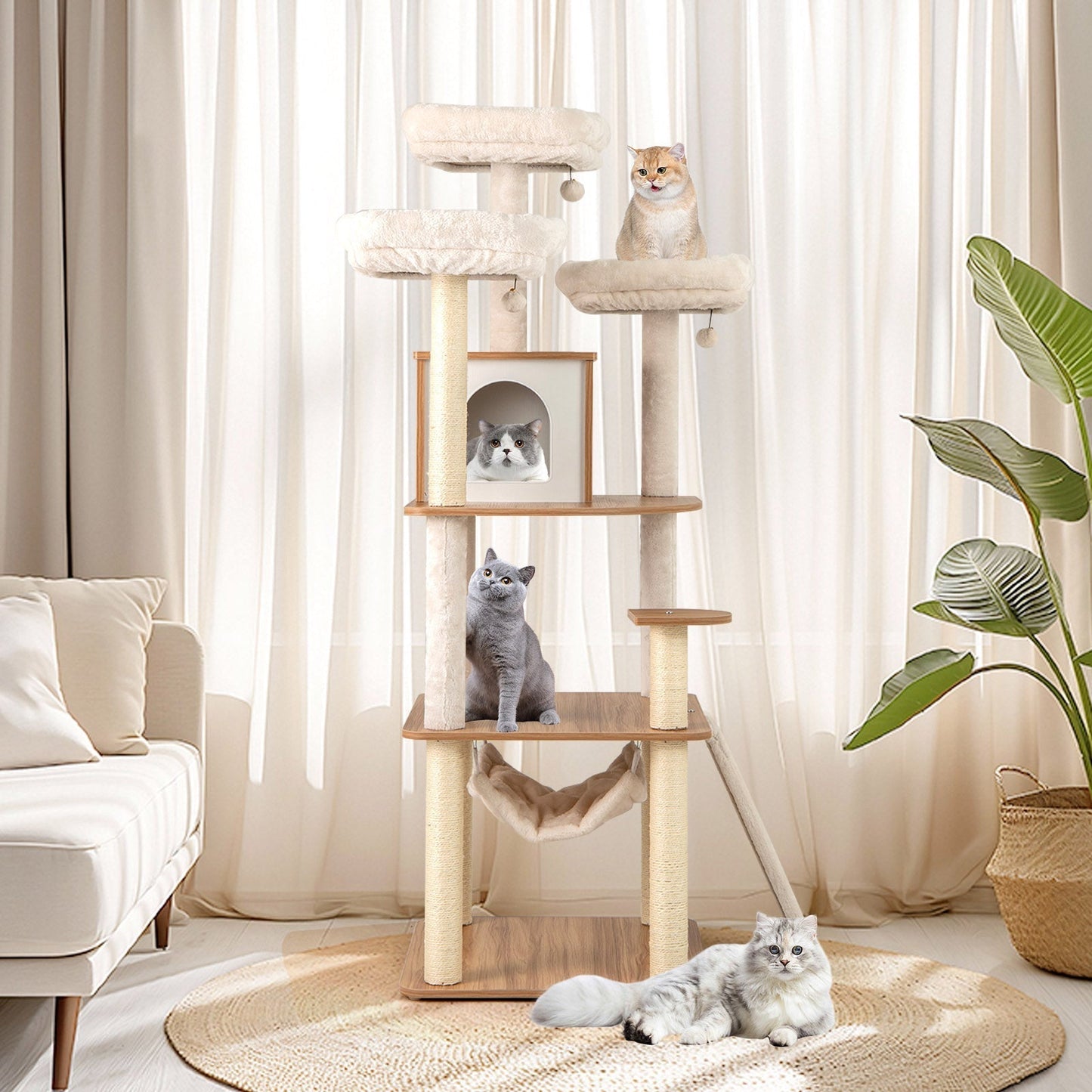 168cm Wooden Scratching Post with Cave &amp; Ladder &amp; Mats &amp; Balls &amp; Hammock Cat Scratching Post