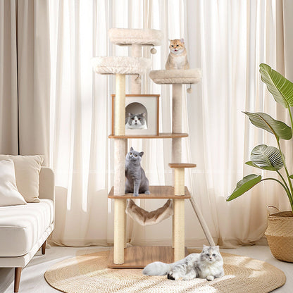168cm Wooden Scratching Post with Cave &amp; Ladder &amp; Mats &amp; Balls &amp; Hammock Cat Scratching Post