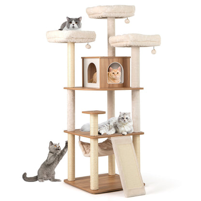 168cm Wooden Scratching Post with Cave &amp; Ladder &amp; Mats &amp; Balls &amp; Hammock Cat Scratching Post