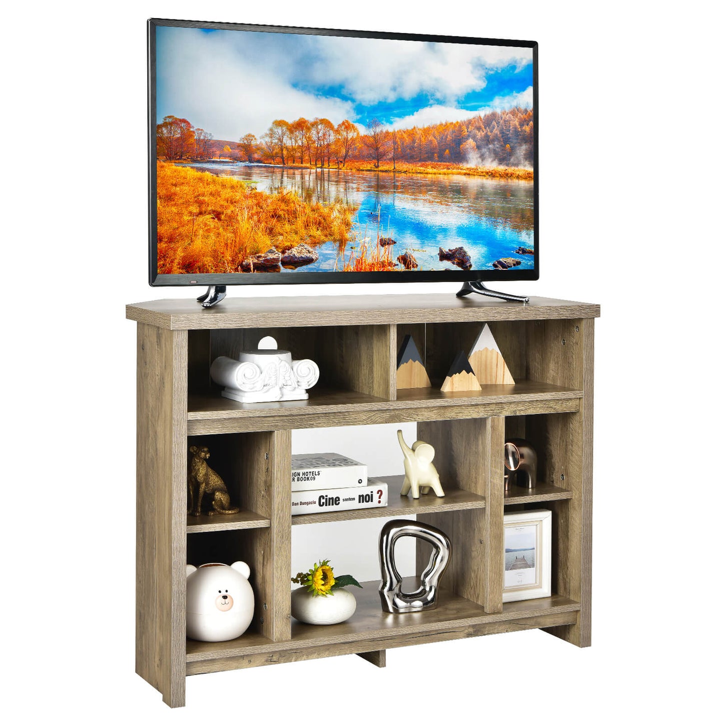 Wood Corner Universal TV Stand with Storage Cabinets and Adjustable Shelves-Natural