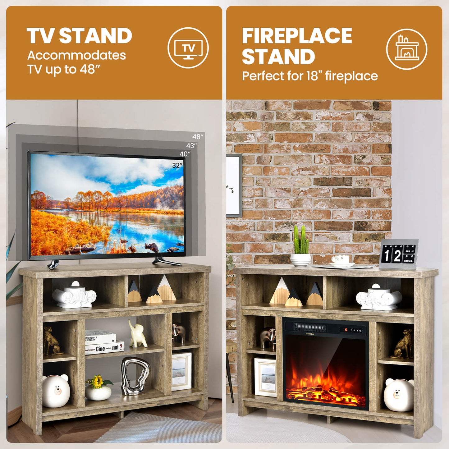 Wood Corner Universal TV Stand with Storage Cabinets and Adjustable Shelves-Natural