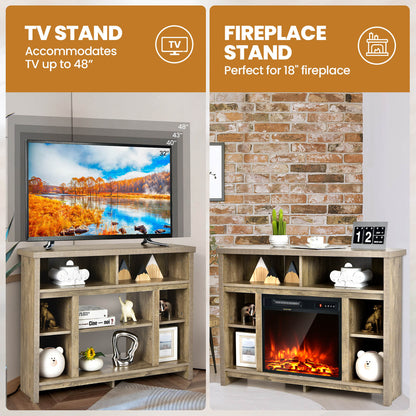 Wood Corner Universal TV Stand with Storage Cabinets and Adjustable Shelves-Natural