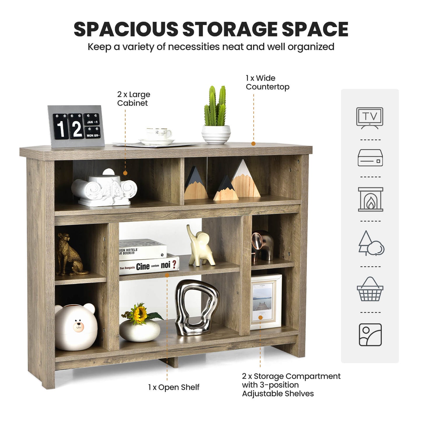 Wood Corner Universal TV Stand with Storage Cabinets and Adjustable Shelves-Natural