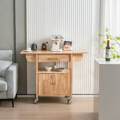 Wood Drop-Leaf Kitchen Cart with Drawer Open Shelf Locking Casters-Natural