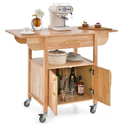 Wood Drop-Leaf Kitchen Cart with Drawer Open Shelf Locking Casters-Natural