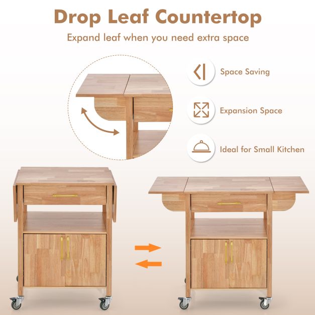 Wood Drop-Leaf Kitchen Cart with Drawer Open Shelf Locking Casters-Natural