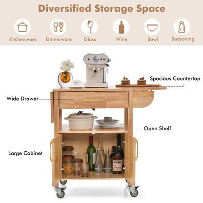 Wood Drop-Leaf Kitchen Cart with Drawer Open Shelf Locking Casters-Natural