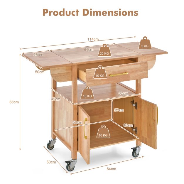 Wood Drop-Leaf Kitchen Cart with Drawer Open Shelf Locking Casters-Natural