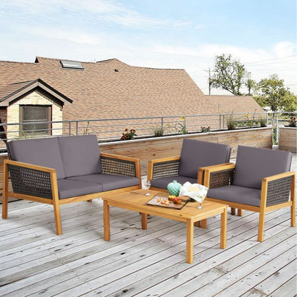 4-Piece Patio Acacia Wood Furniture Set with Removable Cushions-Grey