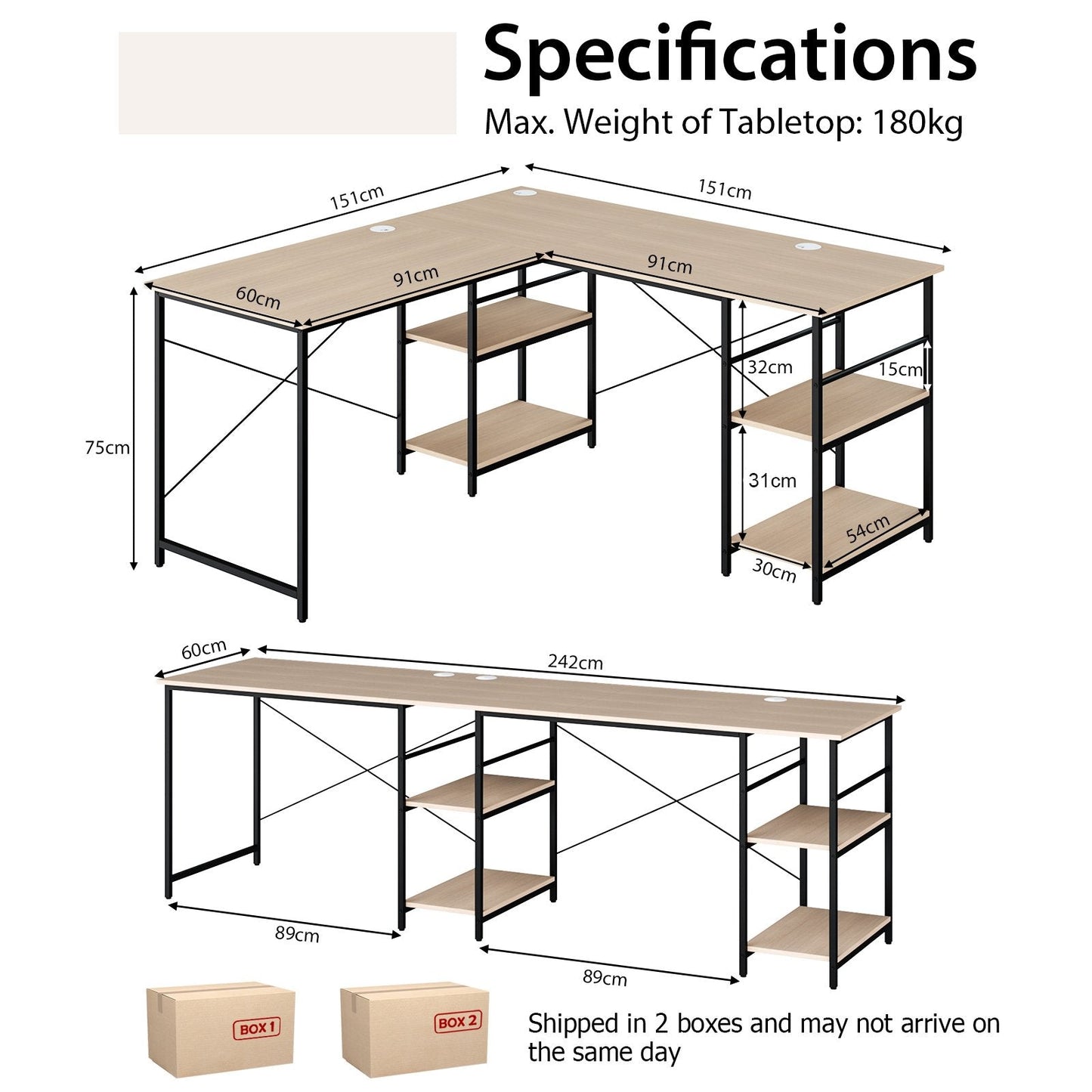 Wooden Industrial L-Shaped Desk with Storage Shelves-Natural