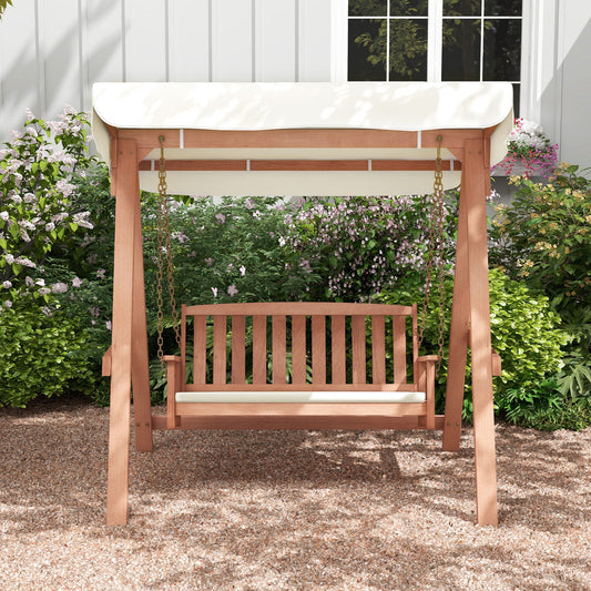 Wood Porch Swing with Canopy, A Frame and Soft Seat Cushions