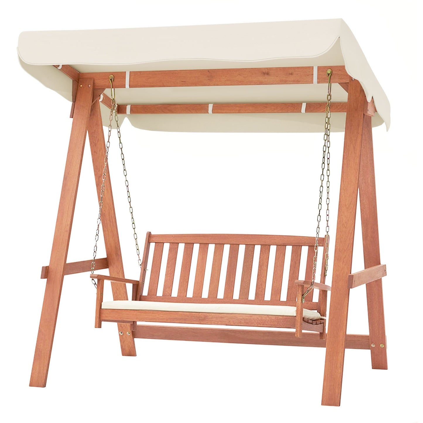 Wood Porch Swing with Canopy, A Frame and Soft Seat Cushions