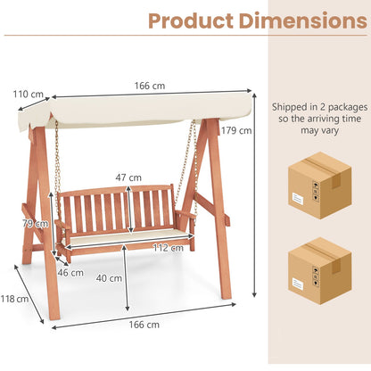 Wood Porch Swing with Canopy, A Frame and Soft Seat Cushions