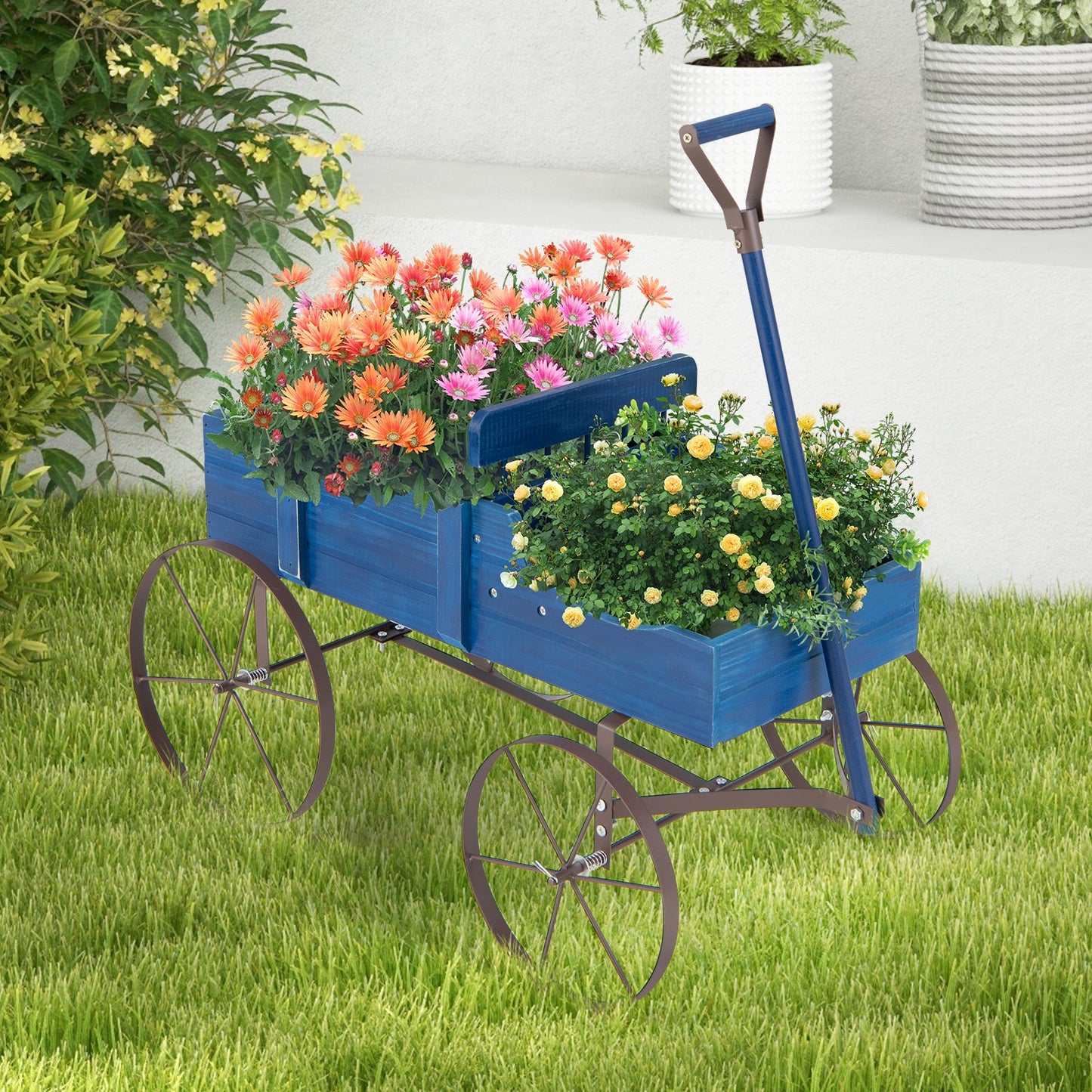 Wood Wagon Flower Planter with Wheels and 2 Planting Sections-Blue