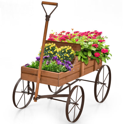 Wood Wagon Flower Planter with Wheels and 2 Planting Sections-Brown