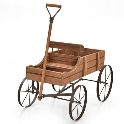 Wood Wagon Flower Planter with Wheels and 2 Planting Sections-Brown