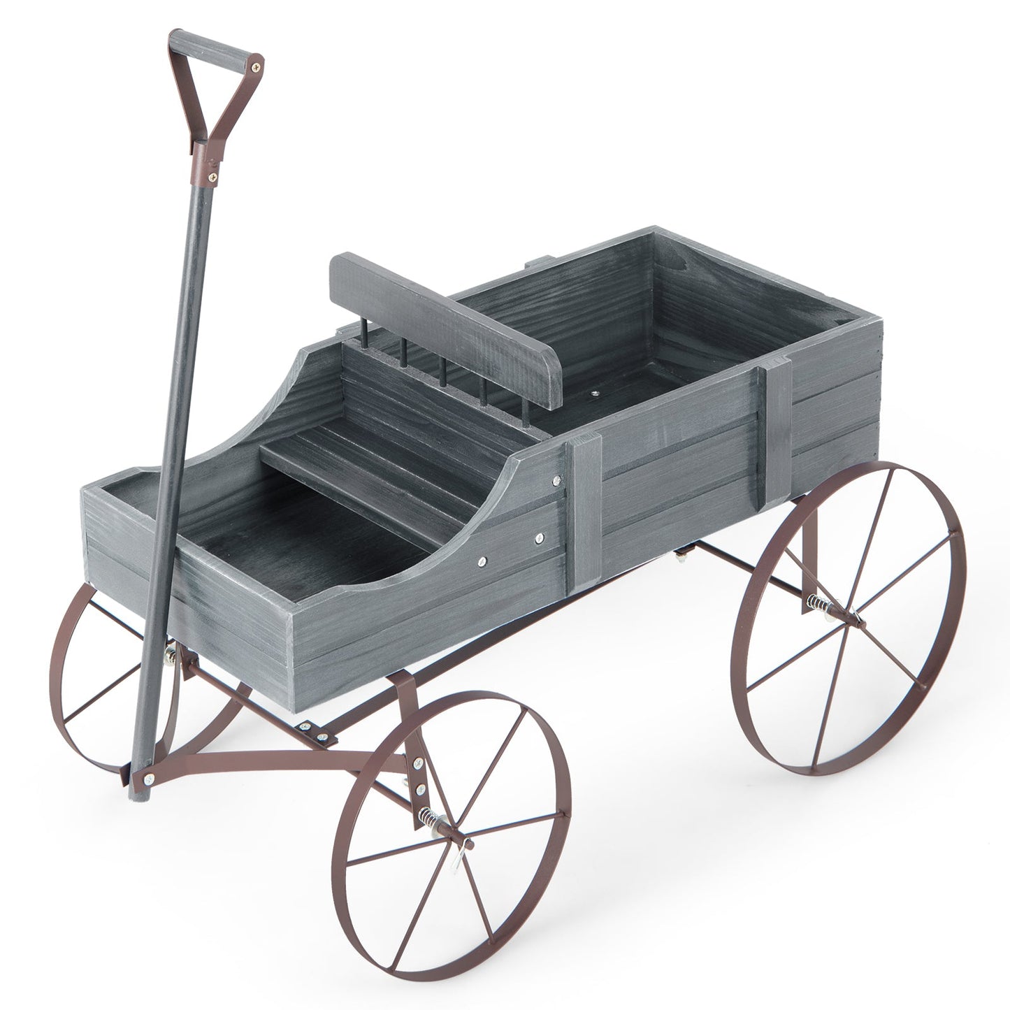 Wood Wagon Flower Planter with Wheels and 2 Planting Sections-Grey