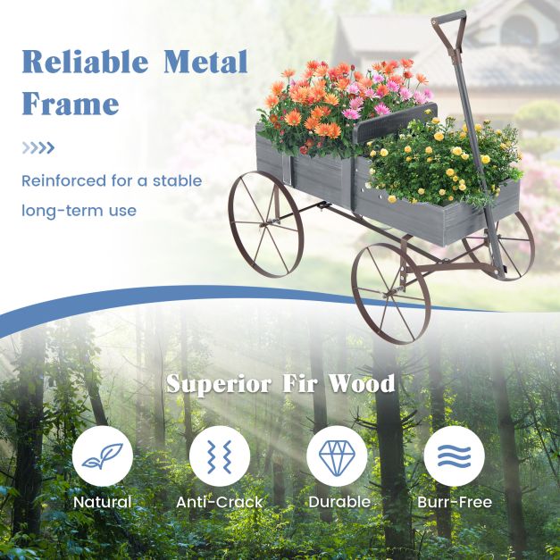Wood Wagon Flower Planter with Wheels and 2 Planting Sections-Grey