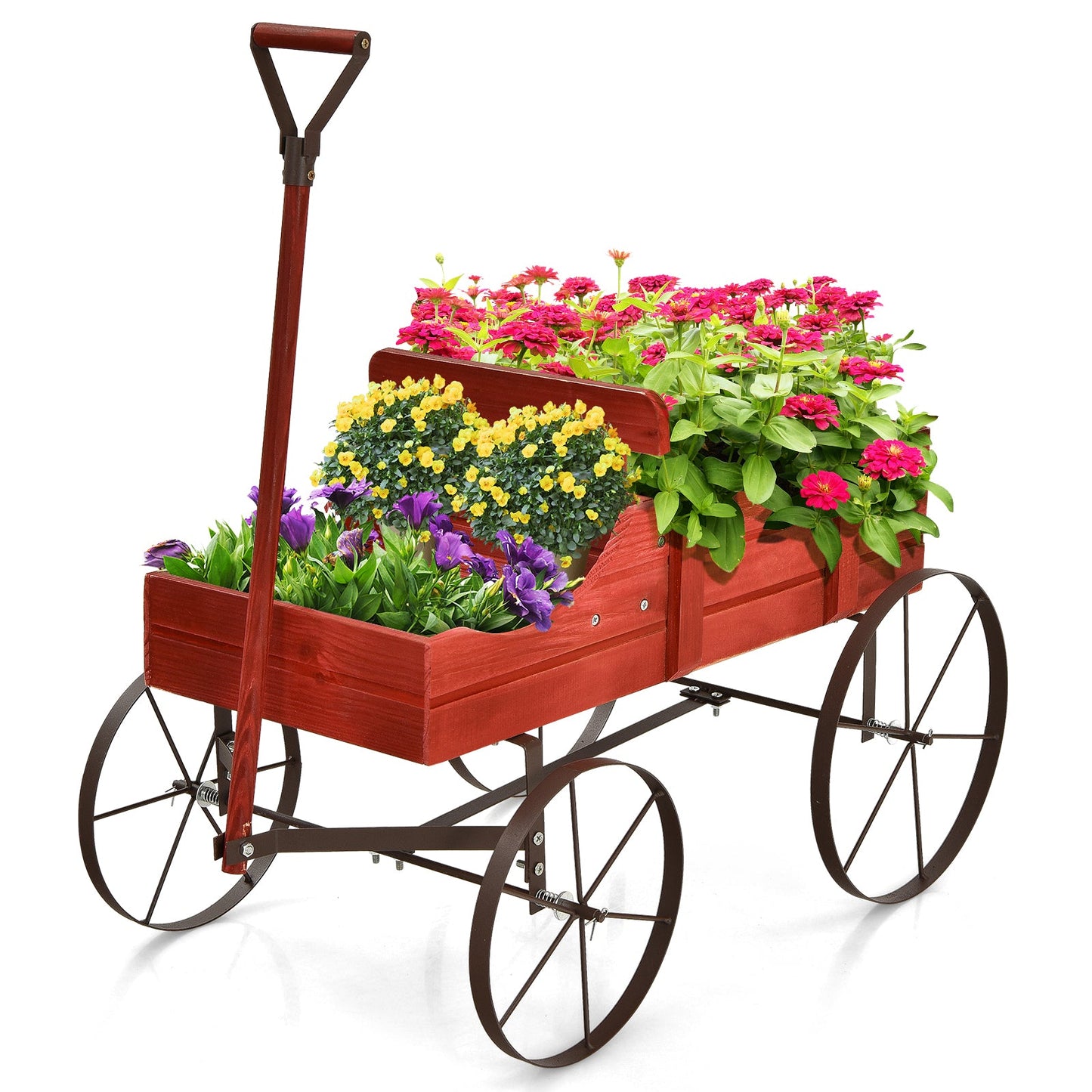 Wood Wagon Flower Planter with Wheels and 2 Planting Sections-Red