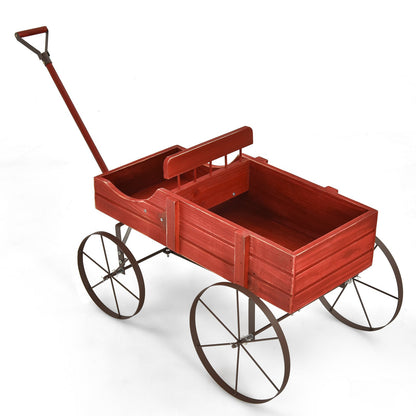 Wood Wagon Flower Planter with Wheels and 2 Planting Sections-Red