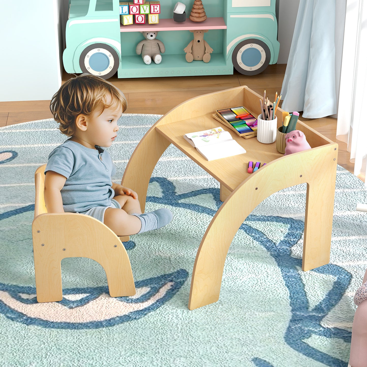 Wooded Toddler Kids Desk and Chair Set with Proper Height-Natural