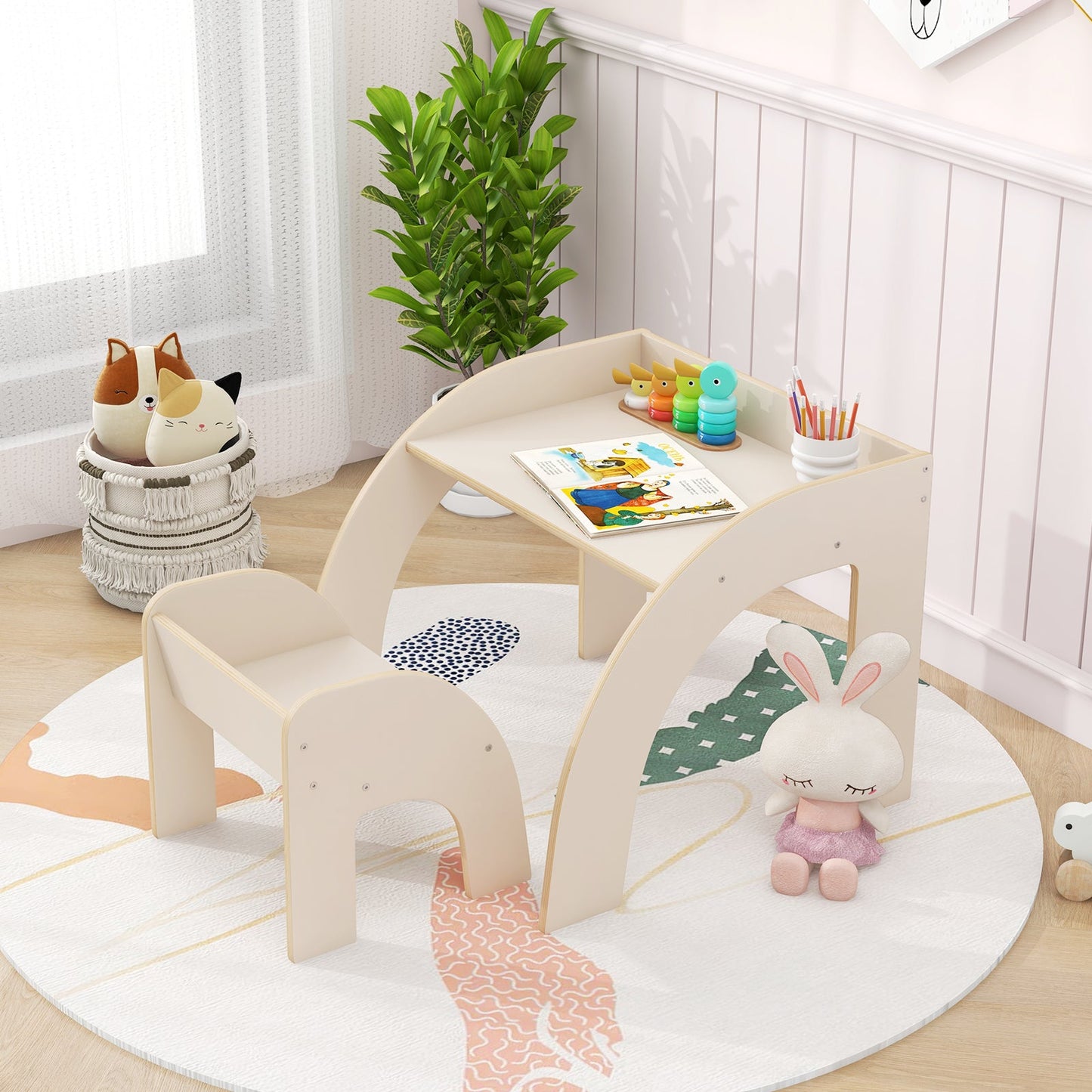 Wooded Toddler Kids Desk and Chair Set with Proper Height-White