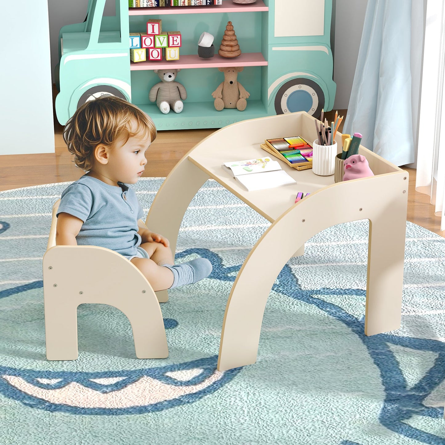 Wooded Toddler Kids Desk and Chair Set with Proper Height-White