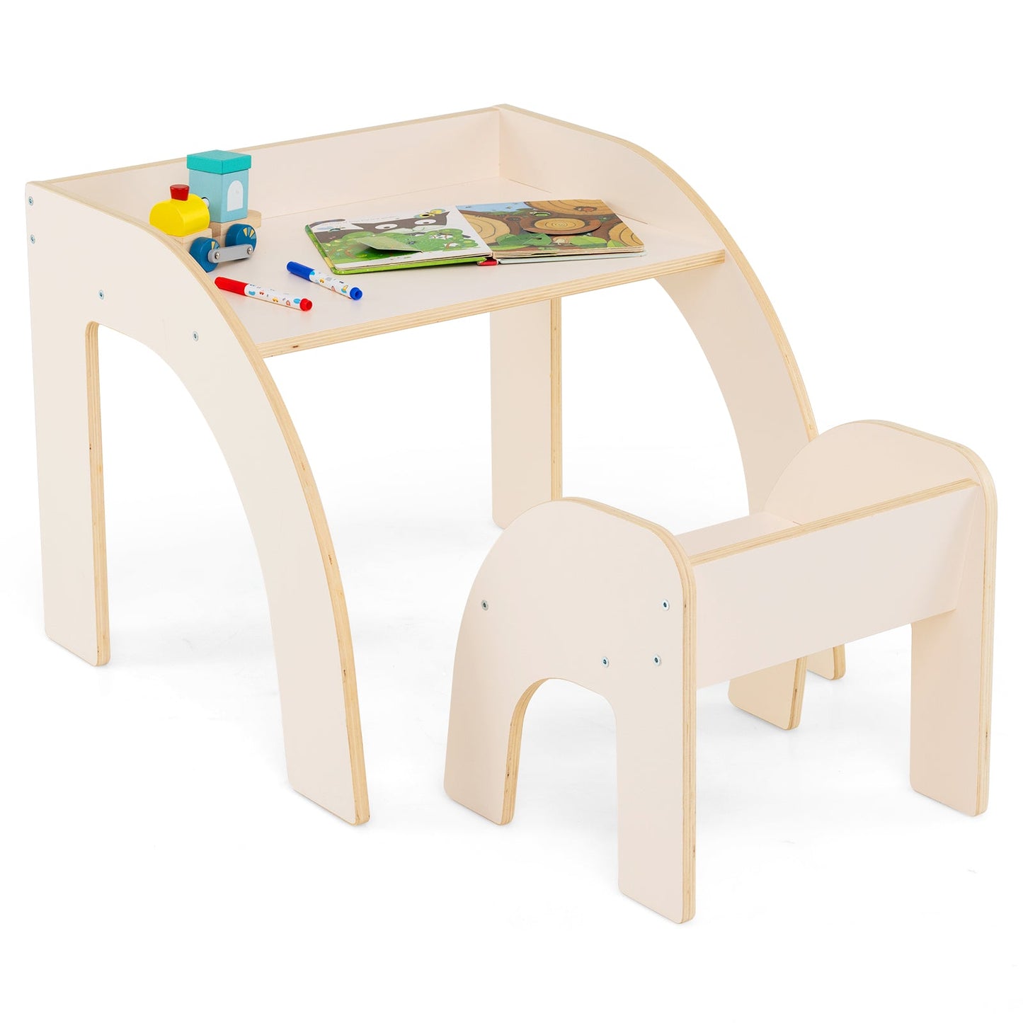 Wooded Toddler Kids Desk and Chair Set with Proper Height-White