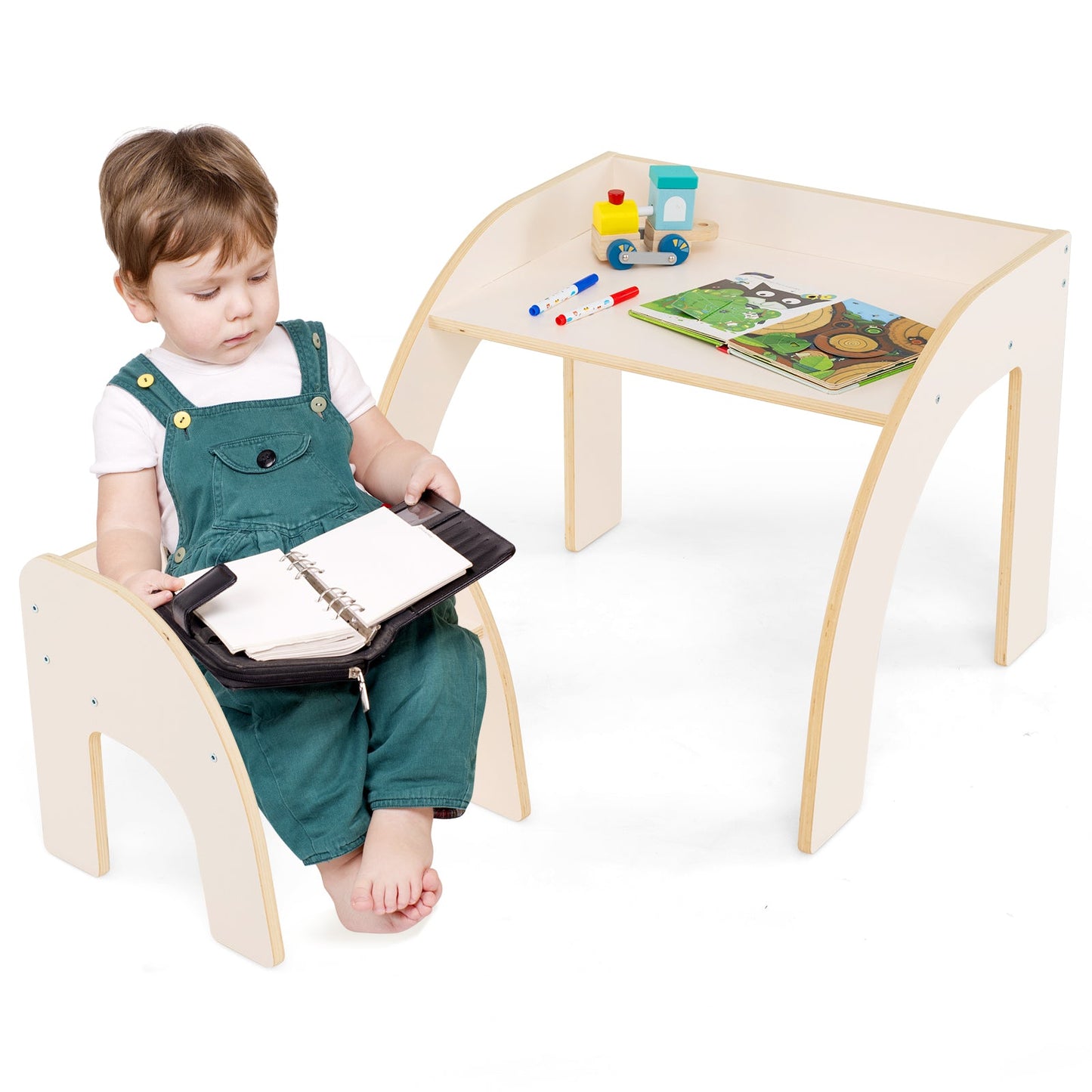 Wooded Toddler Kids Desk and Chair Set with Proper Height-White