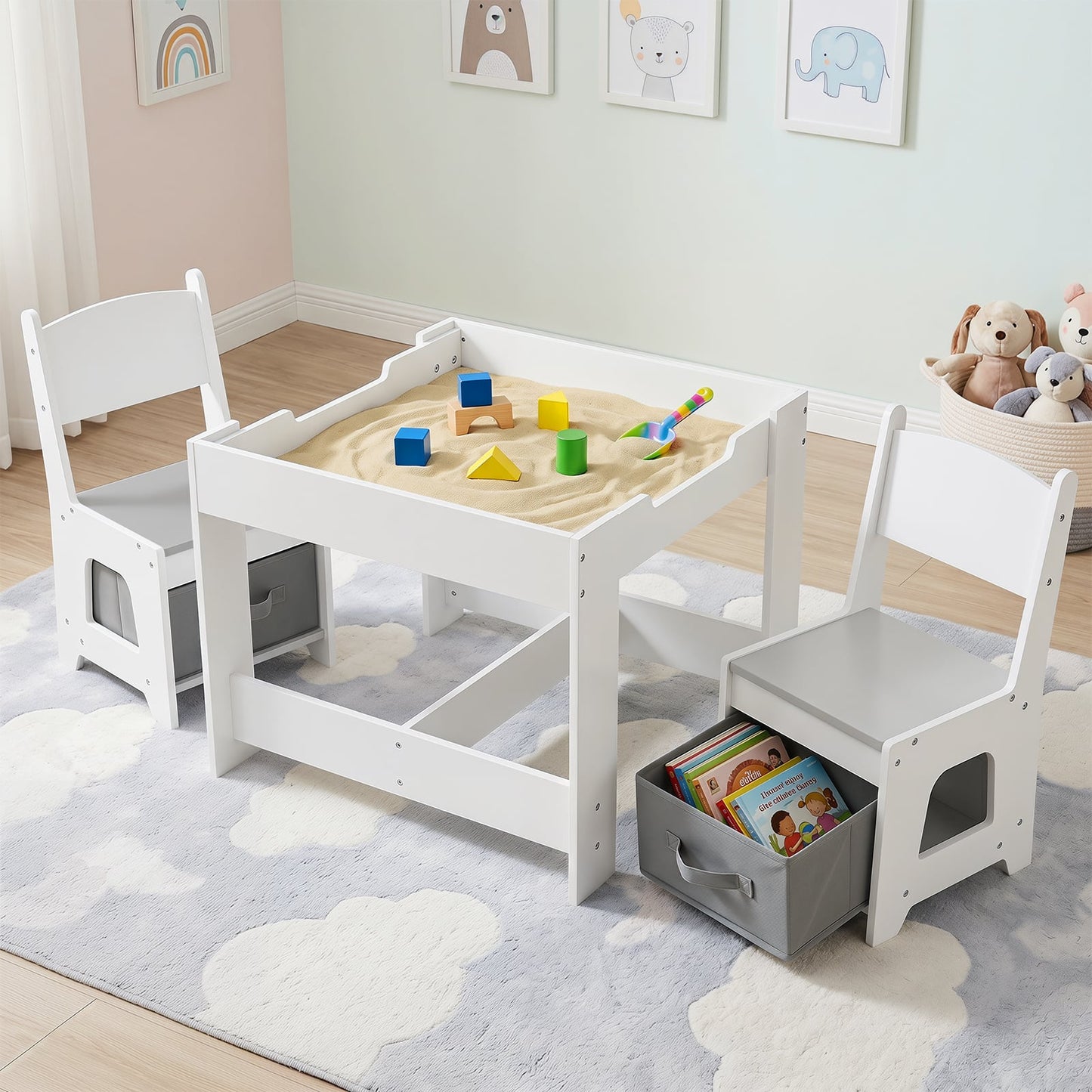 Wooden Activity Table with 2 Seats and Detachable Dual-Sided Tabletop-Grey