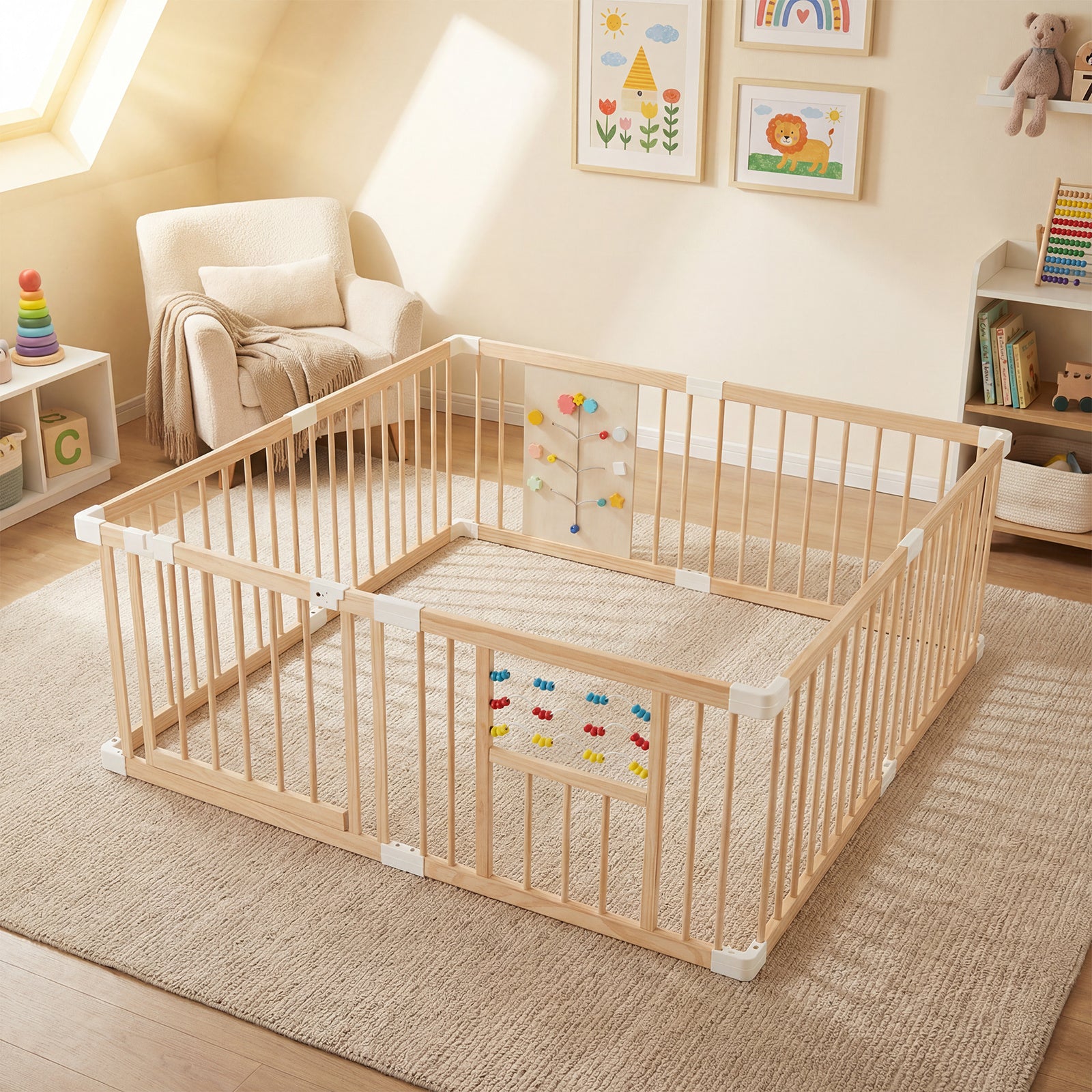 Wooden Baby Playpen Adjustable Multi-Shape Large Play Yard for Infants and Toddlers-Natural